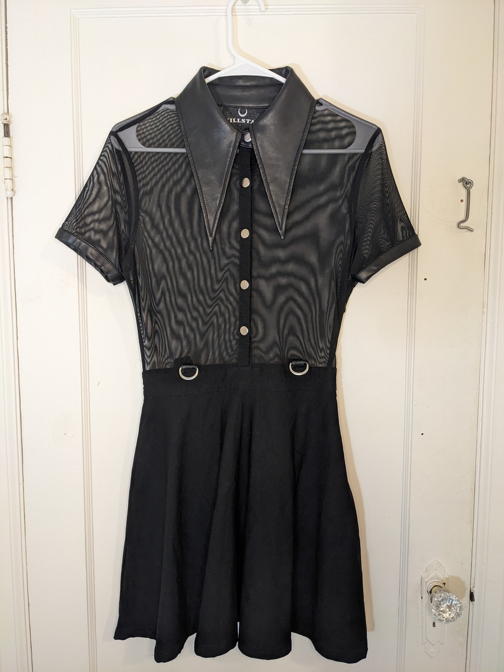 Killstar Black Mesh Short Sleeve Skater Dress with Faux Leather Collar